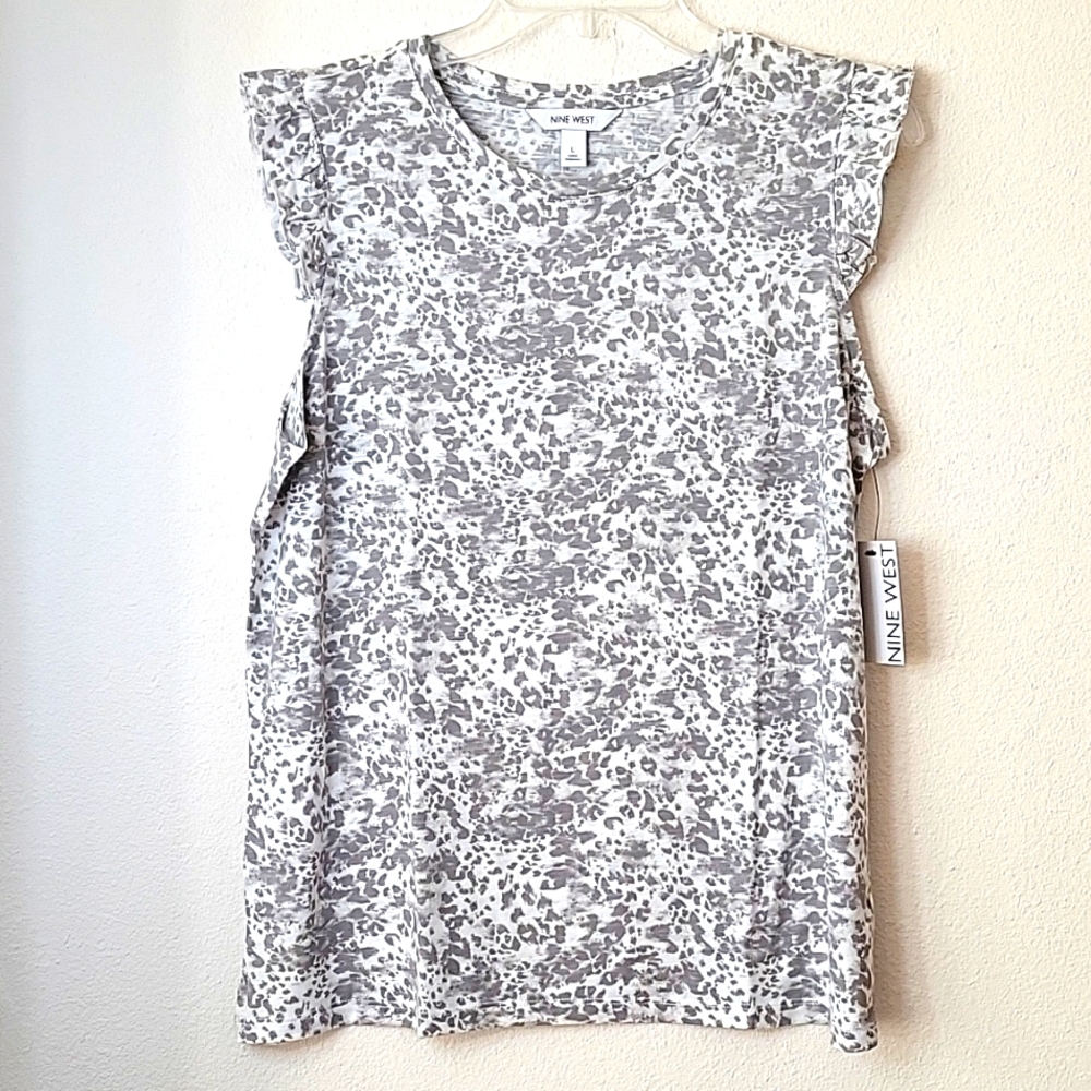 NINE WEST Animal Print Ruffle Shoulder Tank, M, White/ Grey, NWT
